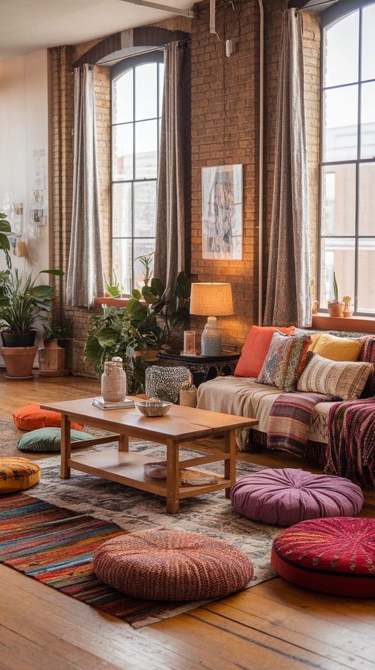 Cozy Boho living room with colorful floor cushions and a wooden coffee table.