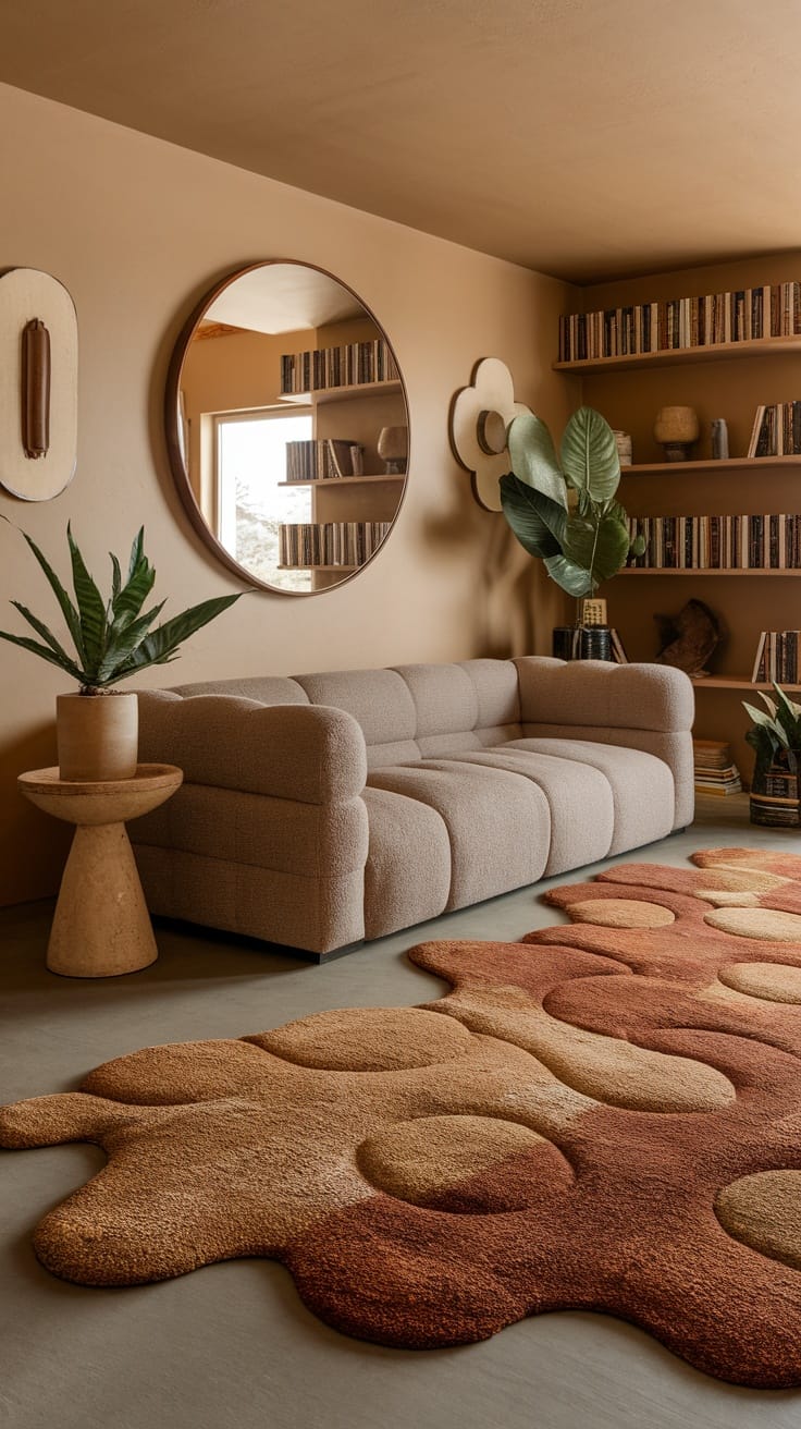 A stylish living room featuring a beige sofa, a unique organic rug, and earthy decor elements.