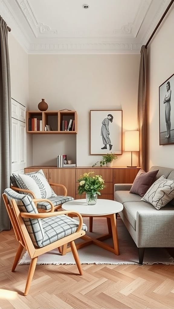 A stylish living room featuring a cozy sofa, plaid armchairs, a round coffee table, and elegant storage solutions.