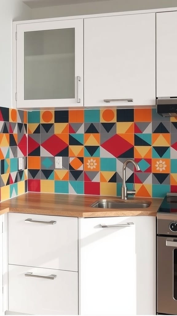 Colorful geometric pattern backsplash in a modern kitchen