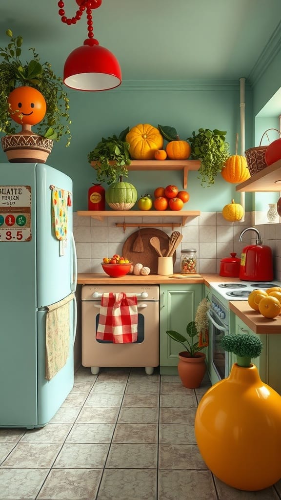 A colorful kitchen featuring oversized fruit and vegetable decorations, with a blue fridge, yellow squash, and cheerful accents.