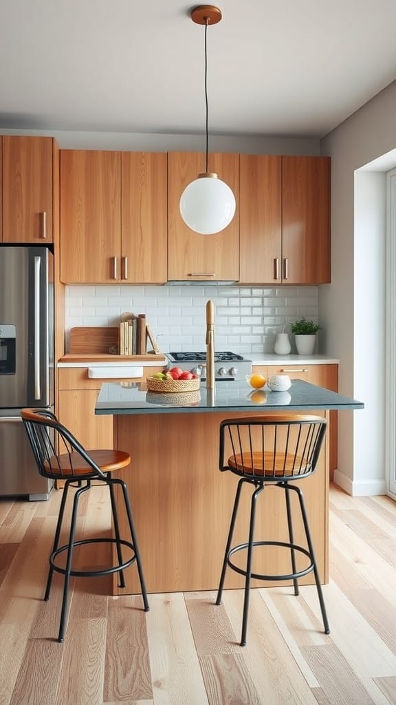 A modern kitchen featuring a glass-top island, wooden cabinets, and stylish bar stools.