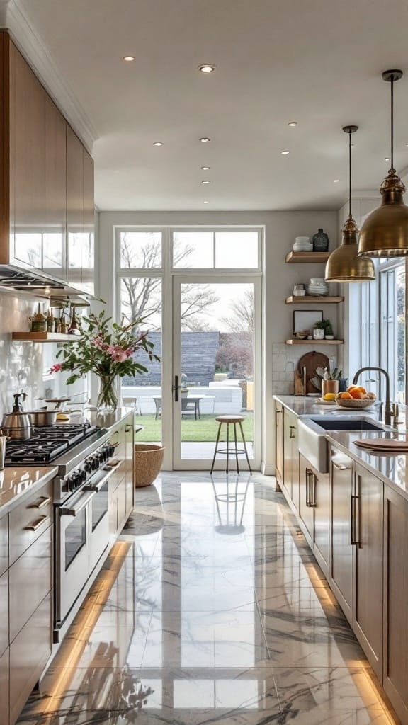 A modern gourmet kitchen featuring sleek cabinetry, high-end appliances, and natural light.