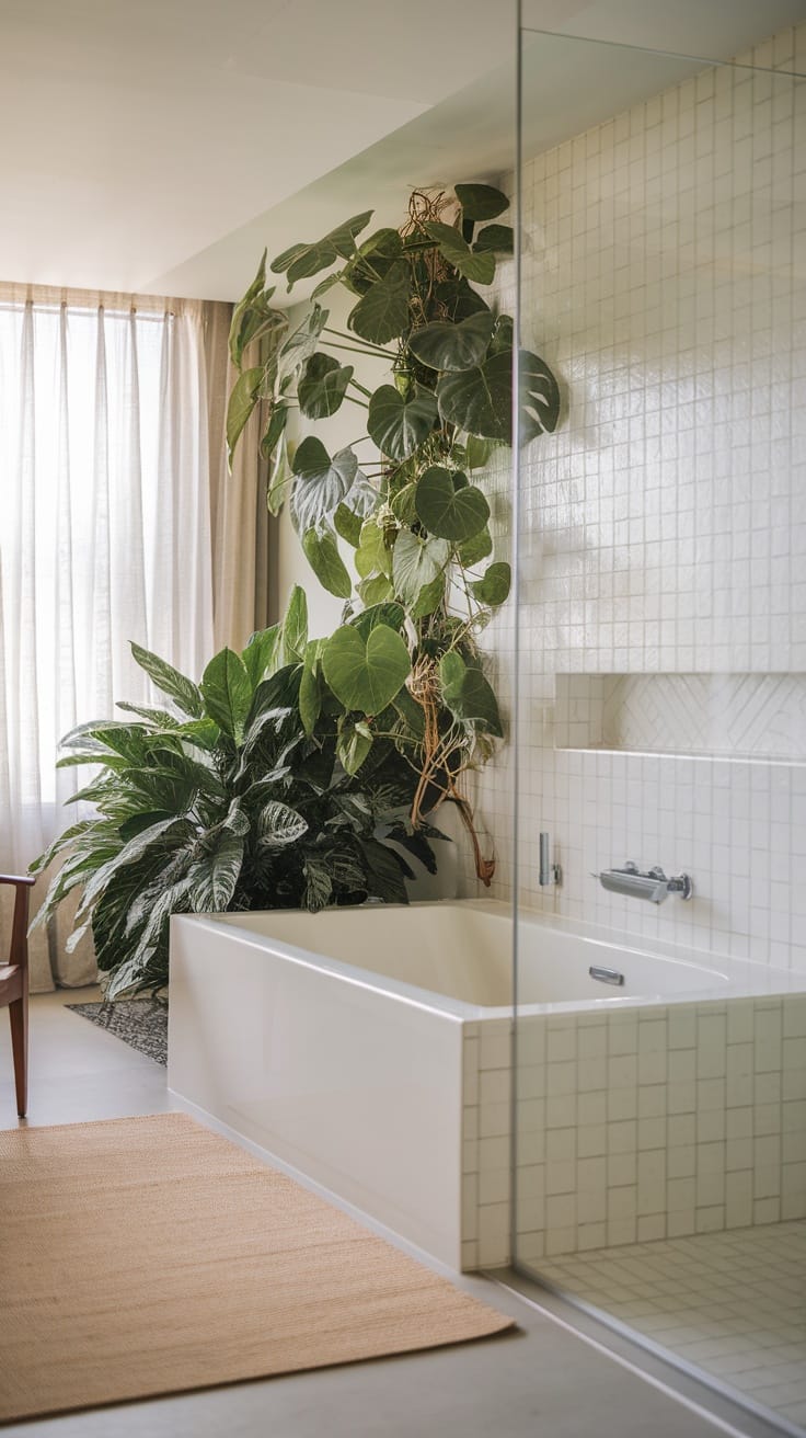 Modern bathroom with large indoor plants and a white bathtub