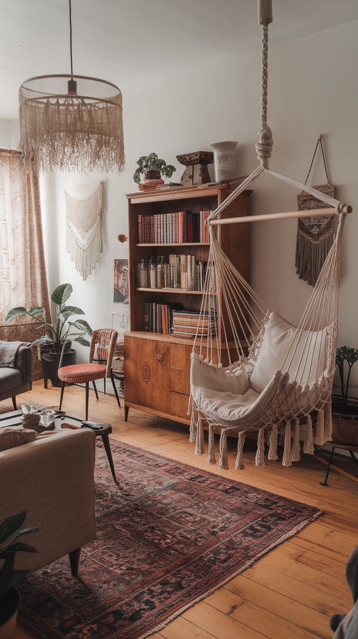 A cozy living room featuring a hammock chair, bookshelves, and bohemian decor elements.