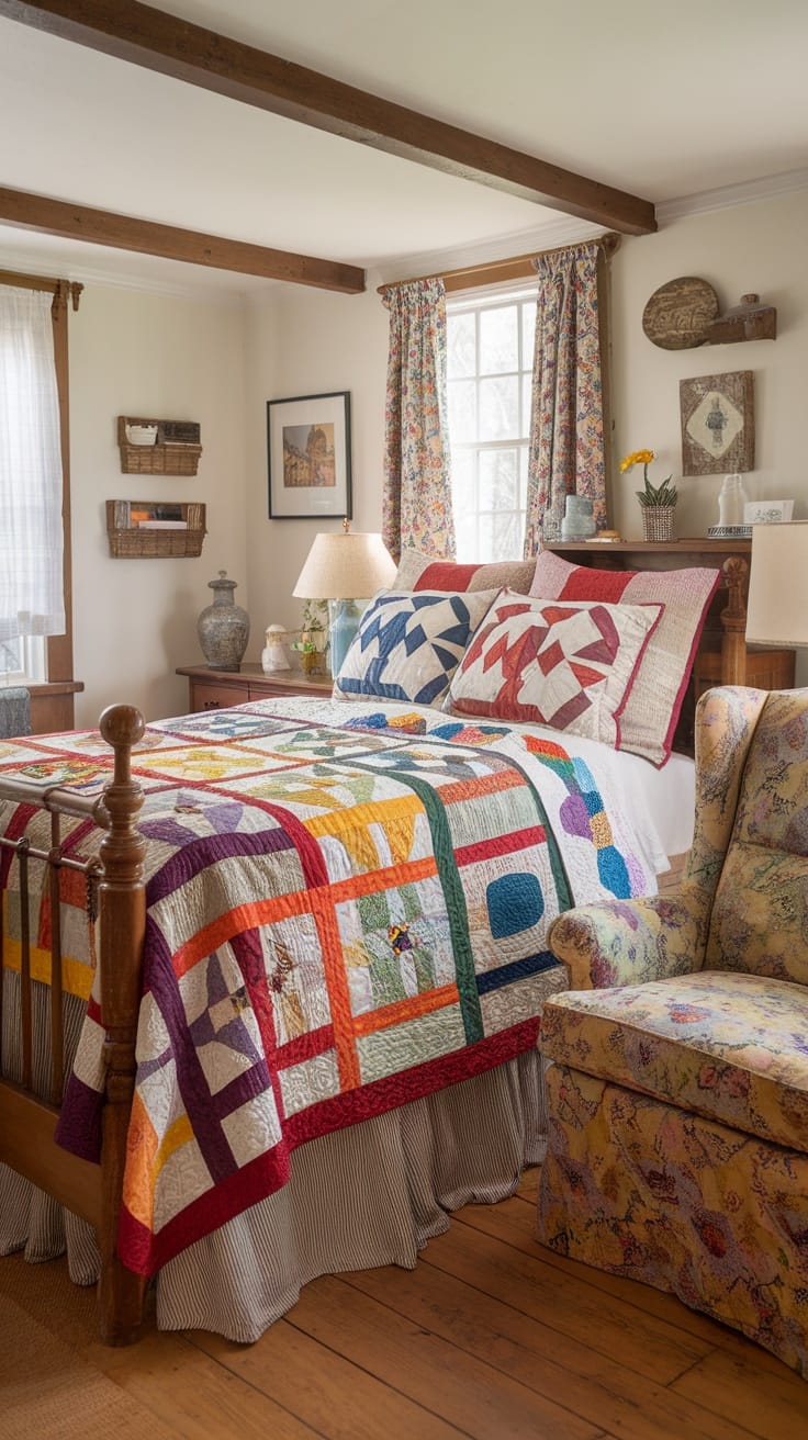 A cozy bedroom featuring a colorful handmade quilt on the bed, floral curtains, and vintage decor