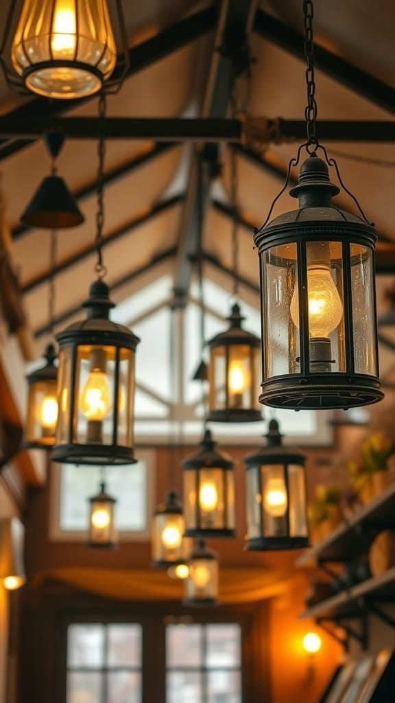 A collection of hanging vintage lanterns casting a warm glow in a cozy space.