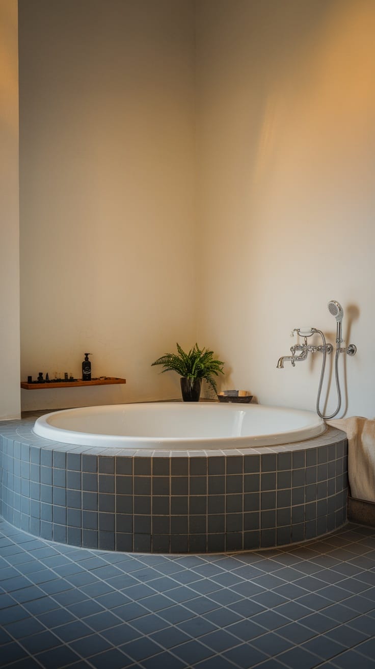 Luxury bathroom featuring a round tub and stylish faucet