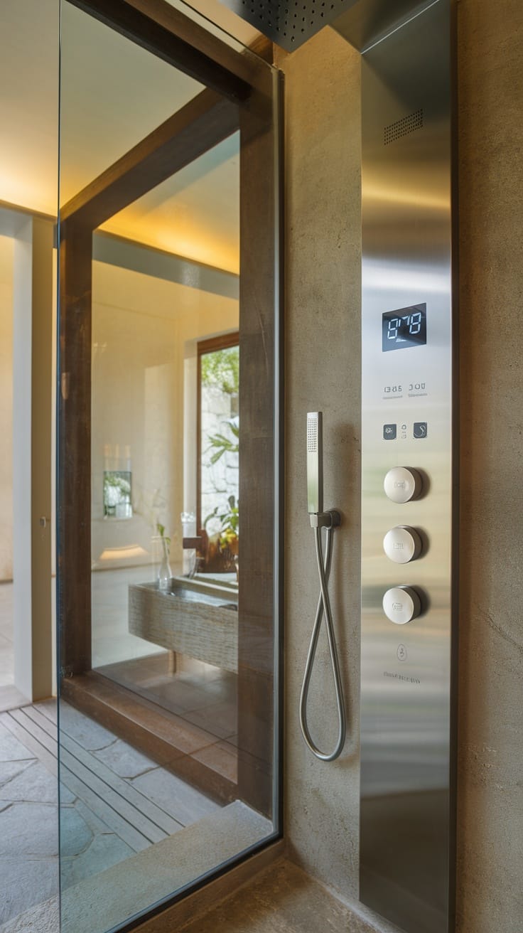 A modern high-tech shower with a digital control panel and a glass enclosure.