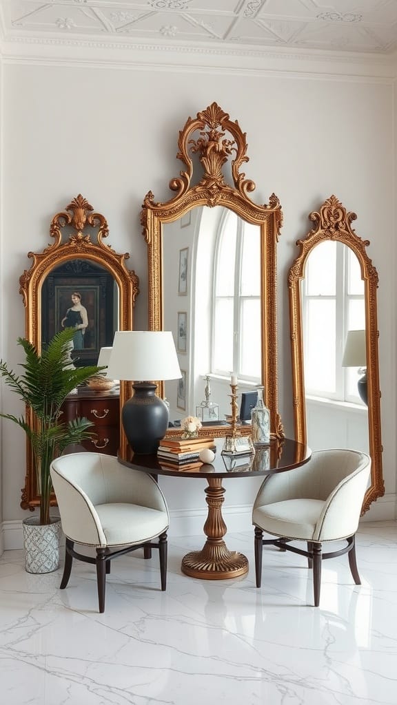 A cozy corner with ornate antique mirrors, a round table, and elegant chairs, showcasing modern French cottage style.