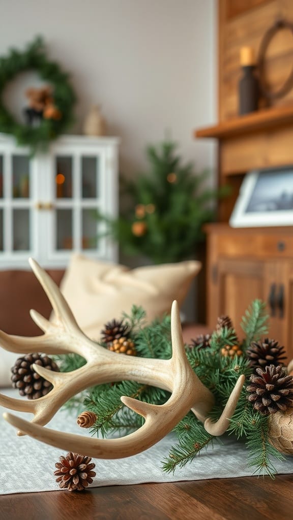 Decorative antlers surrounded by pinecones and greenery on a table