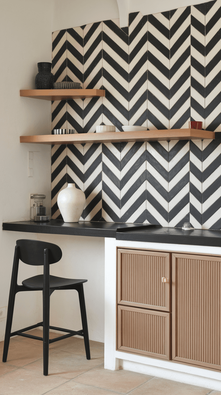 A modern kitchen with a black and white chevron patterned backsplash, wooden shelves, and a black granite countertop.