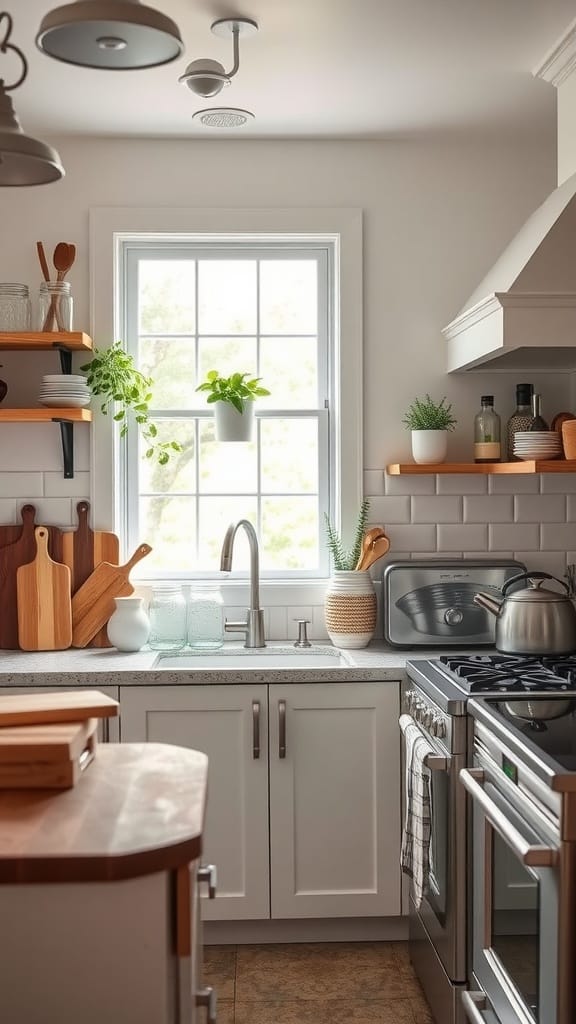 Cozy kitchen showcasing wooden shelves with plants, cutting boards, and modern appliances