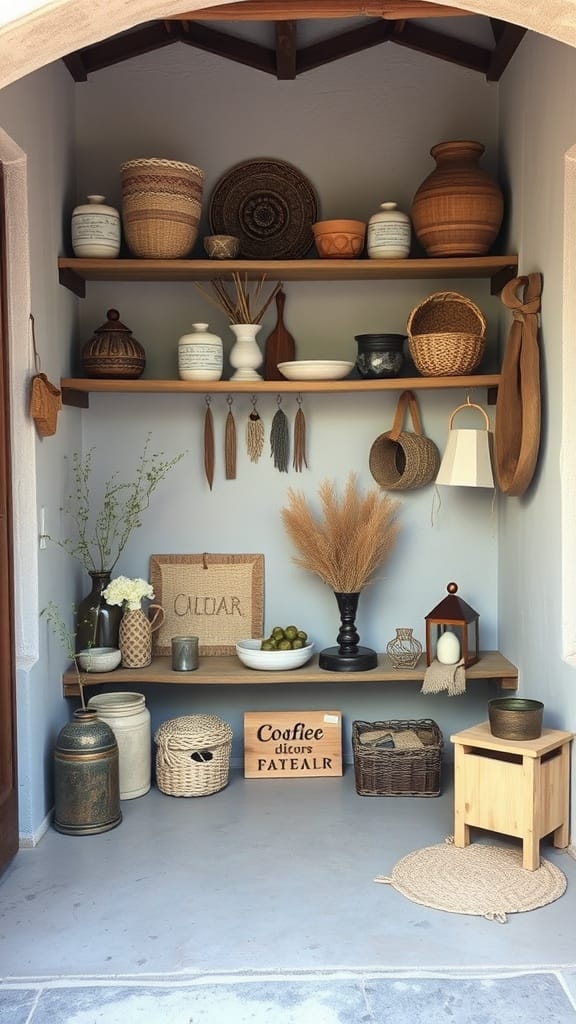 A cozy display of handmade crafts including woven baskets, pottery, and decorative items arranged on wooden shelves.