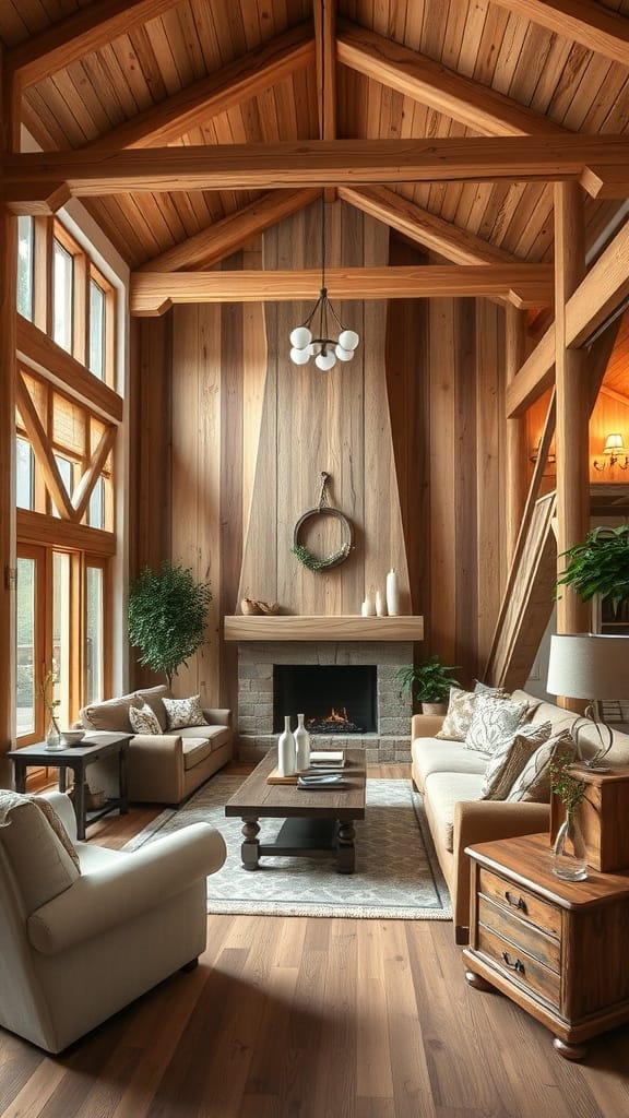 A cozy living room with wooden beams, a fireplace, and natural wood furniture.