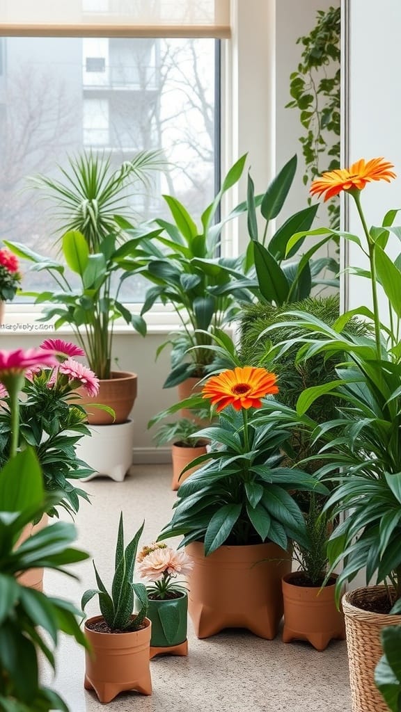 A collection of potted plants in a bright room, featuring vibrant flowers and lush greenery