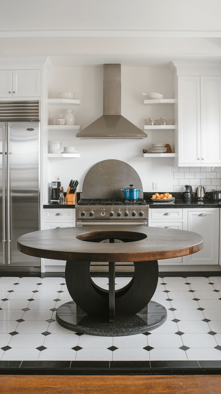 A modern kitchen featuring a unique round table with a black granite base, surrounded by white cabinetry and stainless steel appliances.