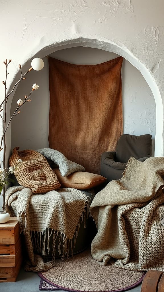 Cozy nook with layered textured fabrics including knitted blankets and woven pillows.