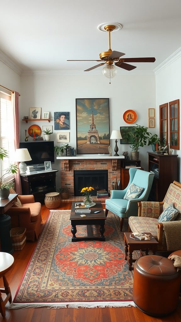 Cozy living room featuring vintage furniture, plants, and a warm rug.