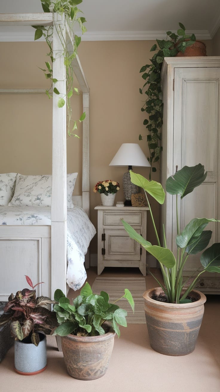 A cozy cottagecore bedroom featuring indoor plants and greenery, with a bed, wooden furniture, and warm colors.