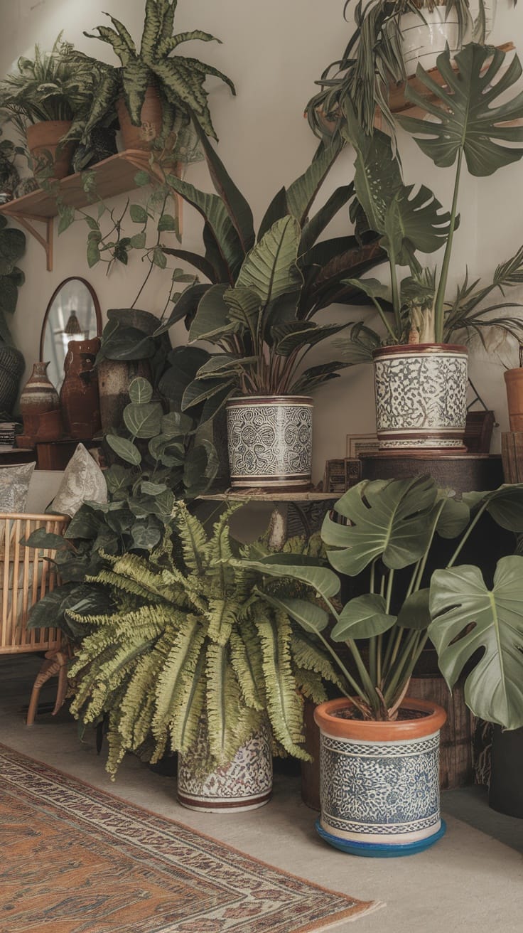 A cozy boho living room with various indoor plants in decorative pots, showcasing a warm and inviting atmosphere.