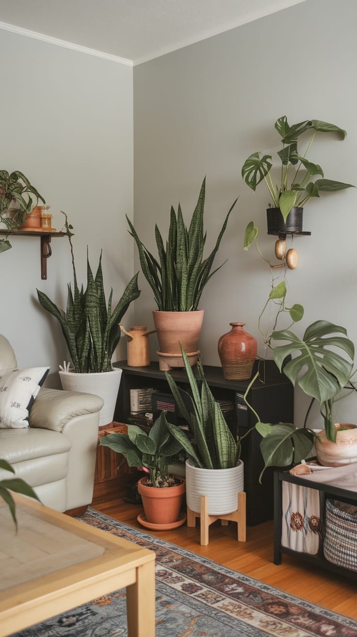 A cozy living room filled with various indoor plants, showcasing earthy and minimalist decor.