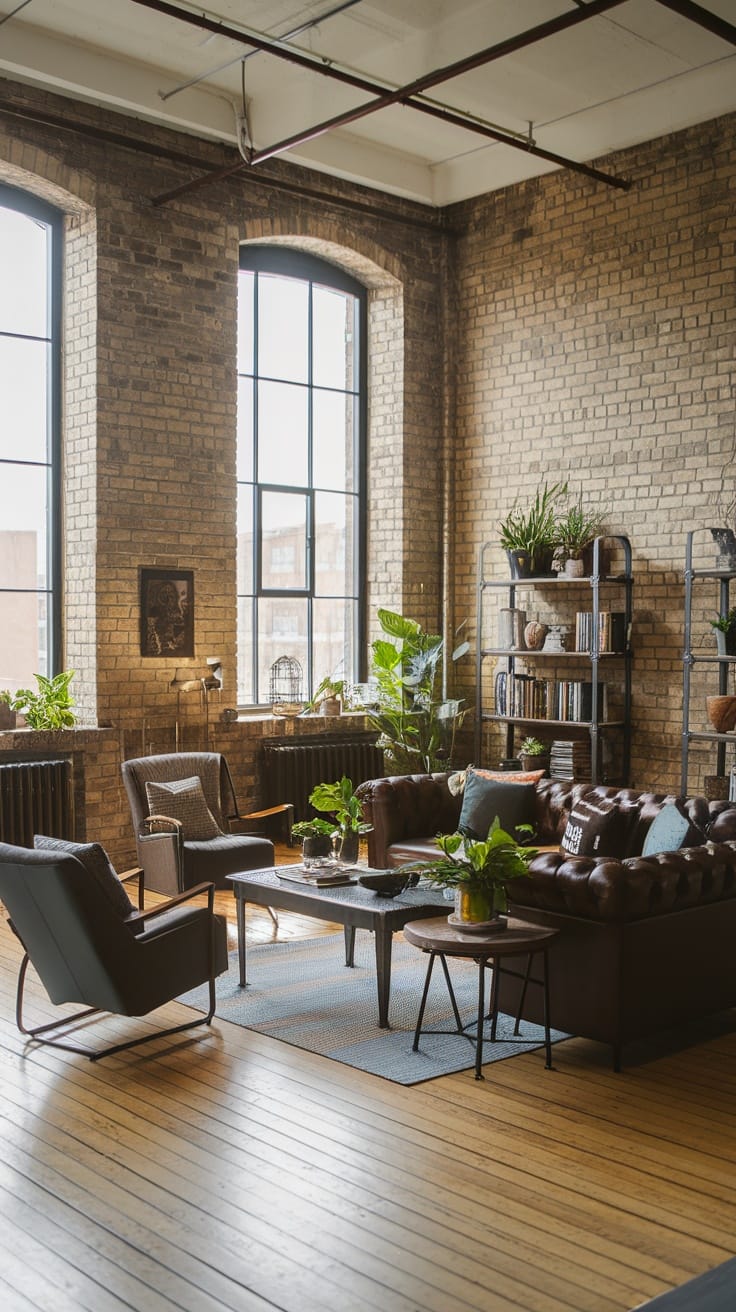 Cozy industrial living room with leather sofa, armchairs, and plants