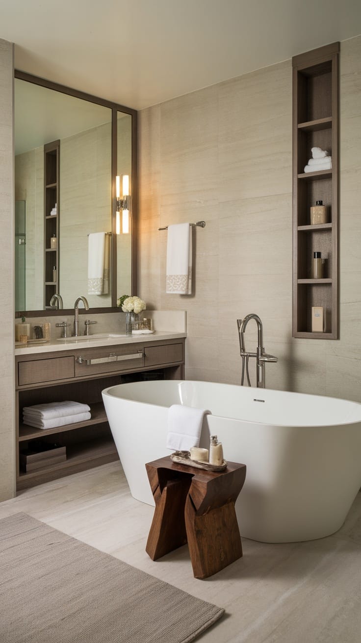 A modern luxury bathroom with a freestanding bathtub, elegant storage solutions, and a cozy decor style.