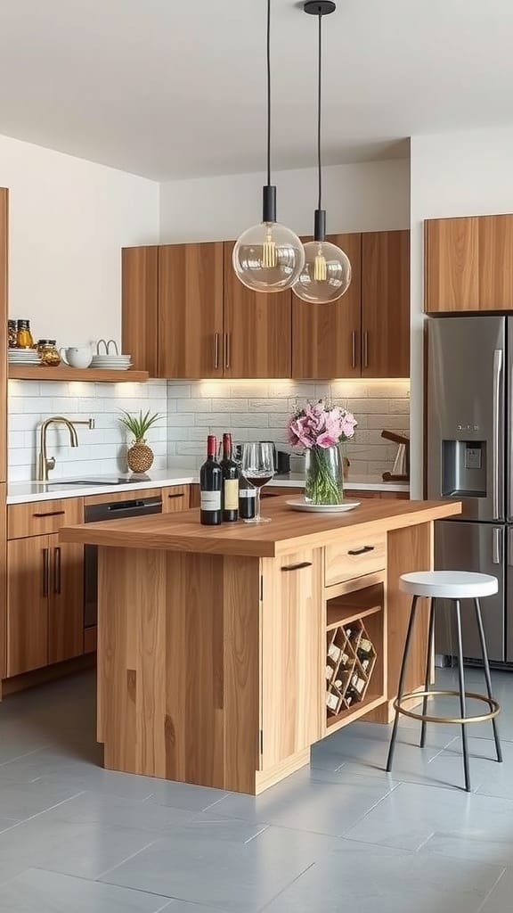 A modern kitchen with an integrated wine storage island, showcasing a wooden design and elegant lighting.
