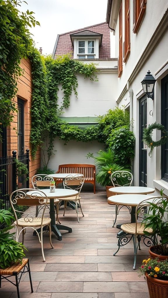 Charming outdoor seating area with greenery and cozy furniture