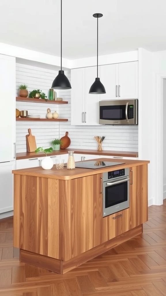 A modern kitchen island with integrated appliances, featuring a cooktop and oven, surrounded by sleek cabinetry and stylish pendant lights.