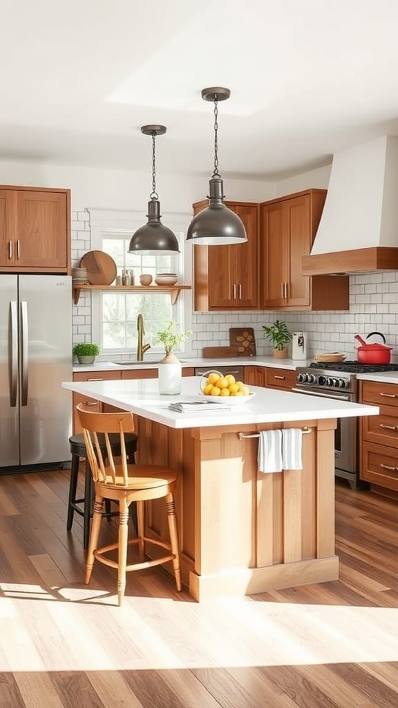 A modern kitchen featuring a wooden island with seating on one side, showcasing a minimalist design and warm tones.