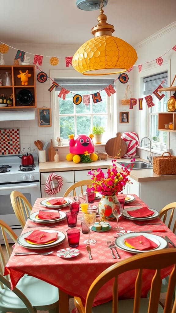 A colorful kitchen set up for a themed dinner party with a cheerful table arrangement.
