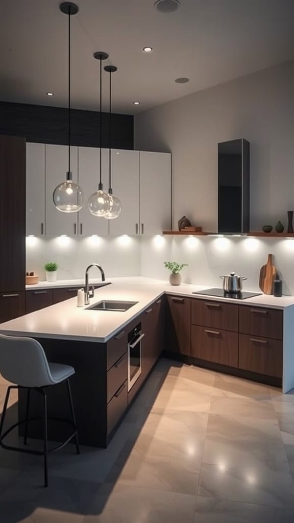 A modern L-shaped kitchen island in a small kitchen with sleek cabinetry and stylish lighting.