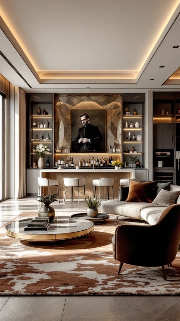 Luxurious living room with an elegant bar area and stylish decor