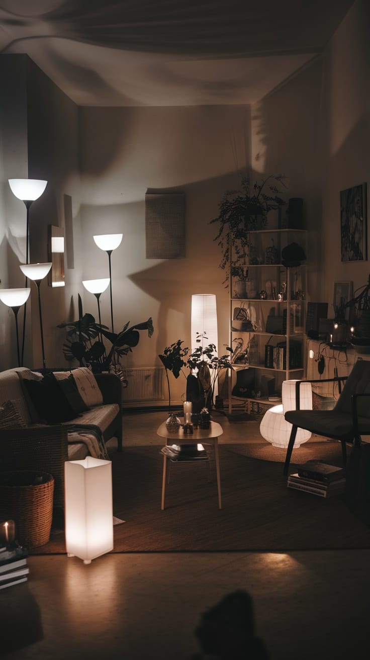 A cozy living room with layered lighting from different lamps, showcasing dark maximalism and eclectic decor.