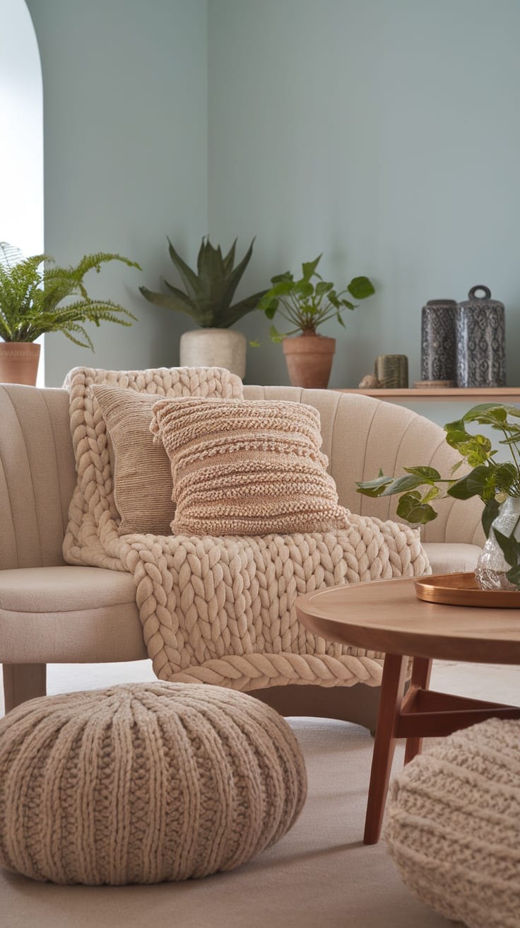 A cozy living room with layered textiles, featuring a soft sofa with knitted pillows and a throw, a wooden table, and various indoor plants.