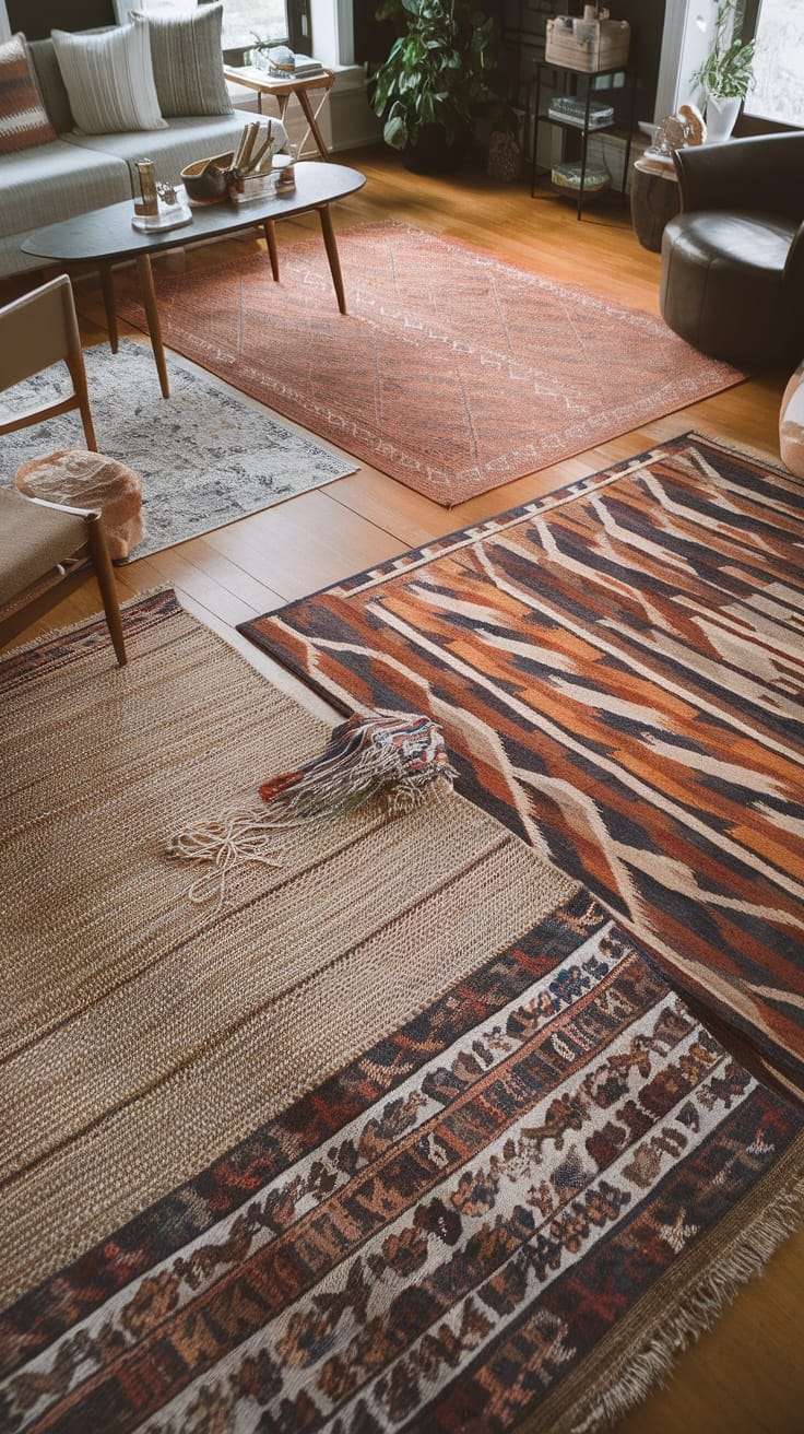 A cozy living room with layered rugs showcasing various patterns and textures.