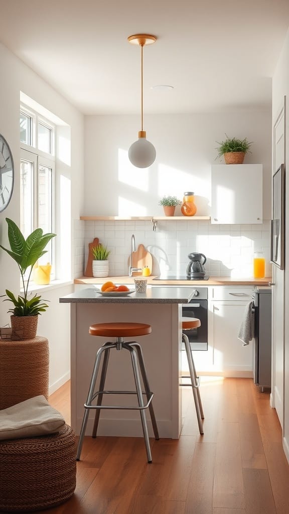 A bright small kitchen featuring a mini breakfast bar with stools and plants.