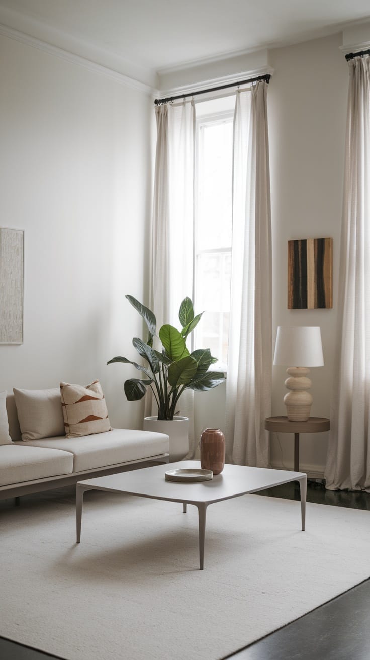 A minimalist living space featuring a light-colored sofa, a simple coffee table, a plant, and soft curtains, all illuminated by natural light.
