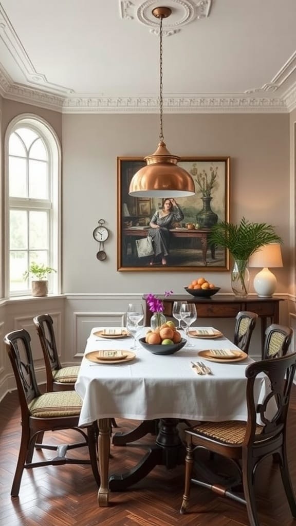 A modern French cottage dining room featuring a mix of classic wooden furniture and contemporary lighting.