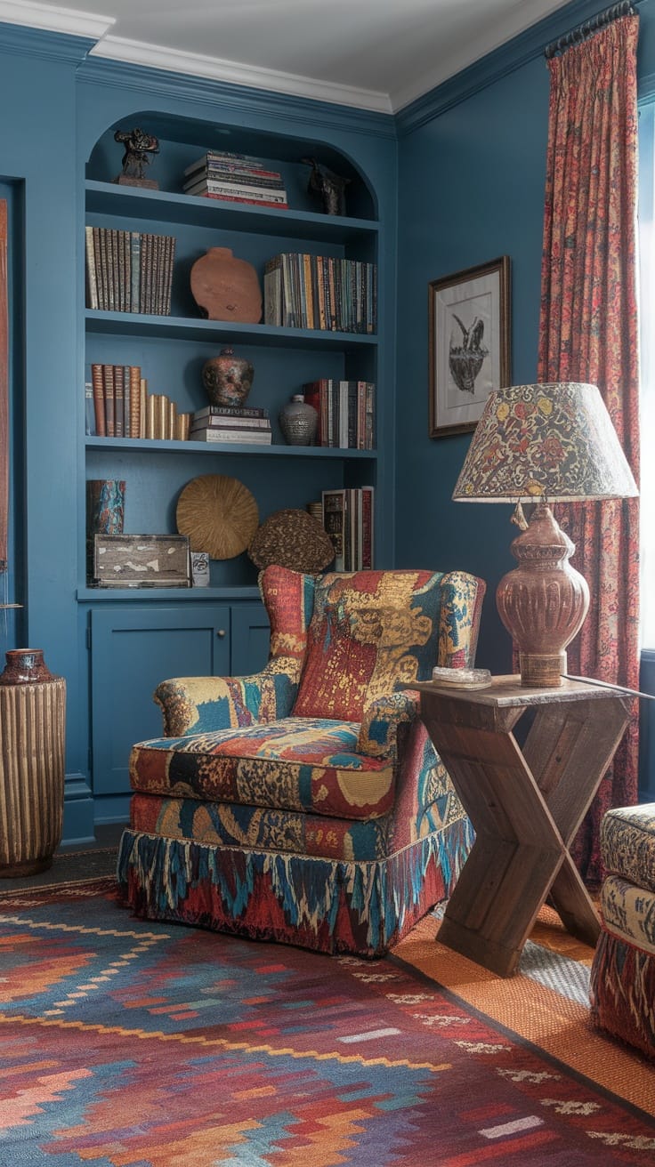 A colorful Boho living room featuring an armchair with vibrant patterns and a multi-colored rug, surrounded by eclectic decor.