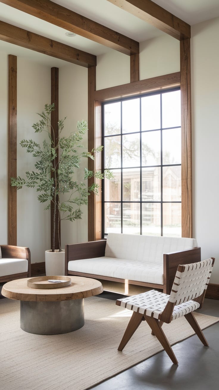 A modern farmhouse living room featuring wooden beams, a cozy sofa, a unique coffee table, and a potted plant by a large window.