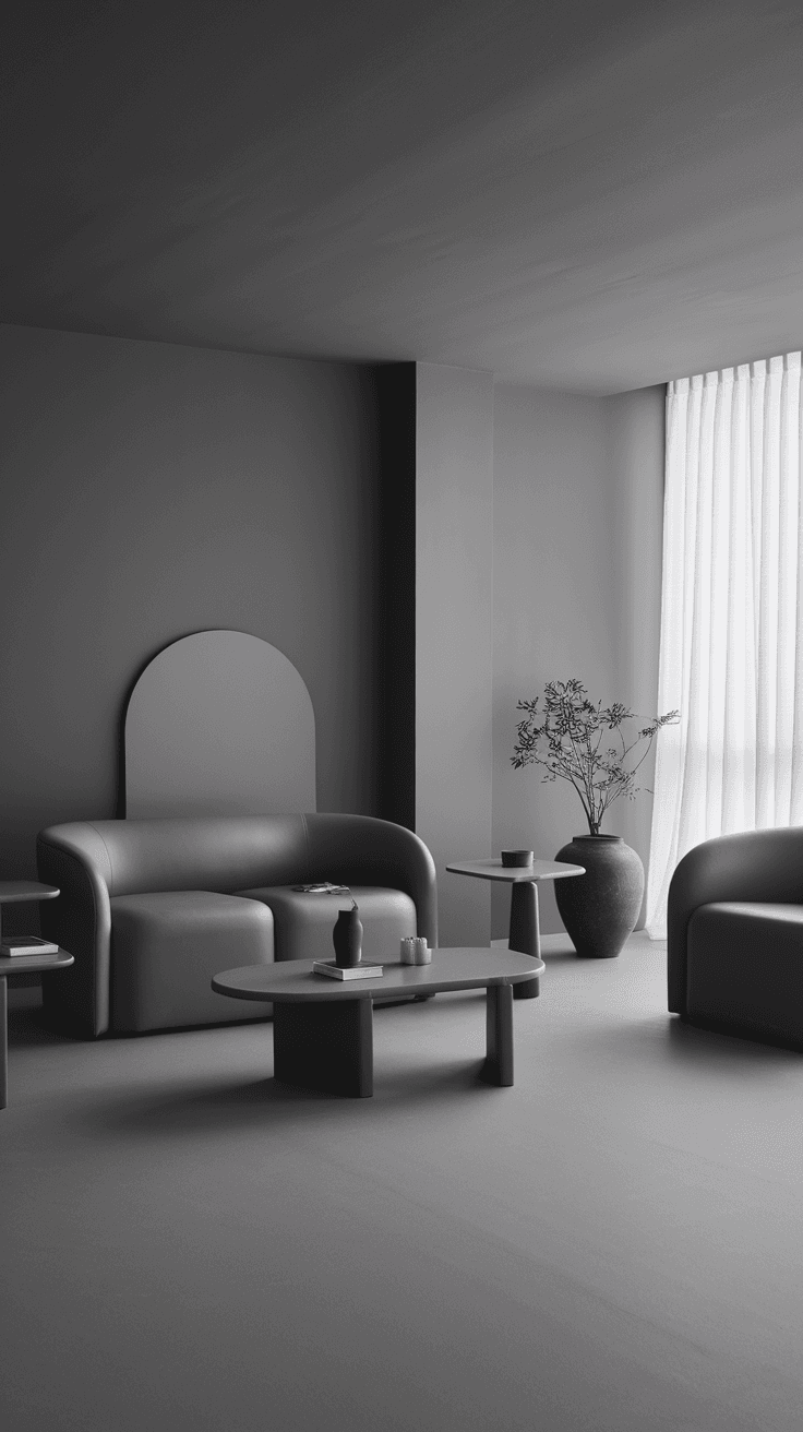 A modern living room featuring all gray tones with curved furniture and minimal decor.