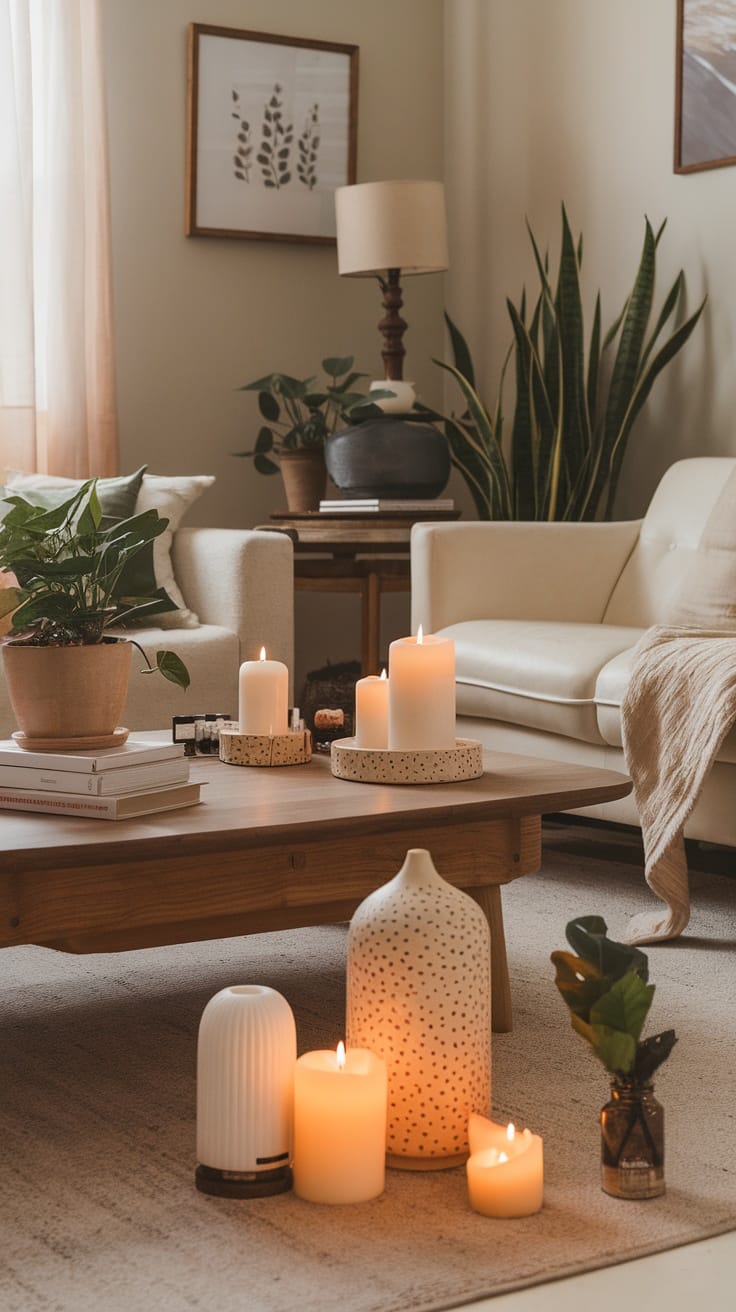 A cozy living room with candles and diffusers, featuring earthy tones and stylish decor