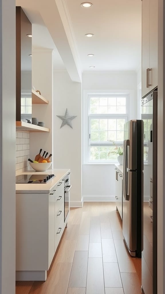 A narrow galley kitchen featuring a small island, modern appliances, and bright lighting.
