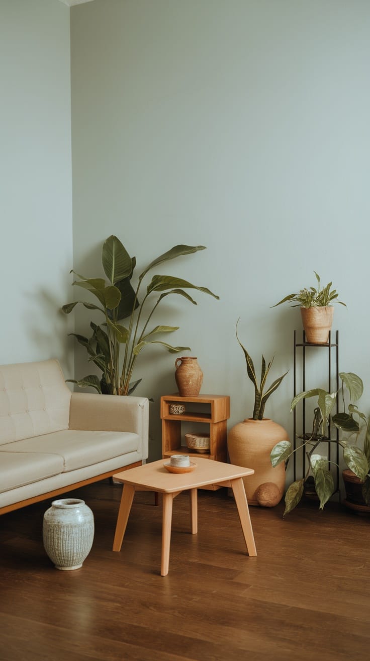 A moody living room featuring natural elements like plants and wooden furniture.