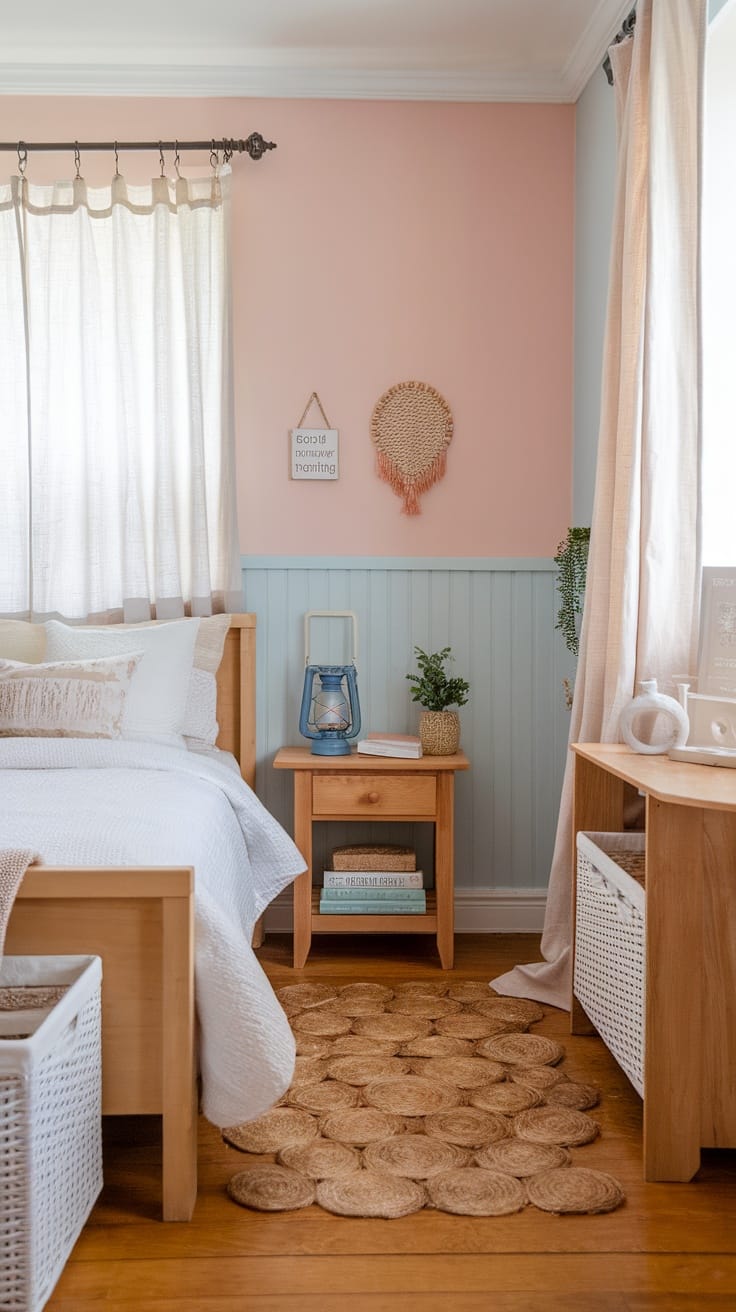 Cozy bedroom with natural fiber textiles, plants, and wooden furniture, embodying cottagecore aesthetic.