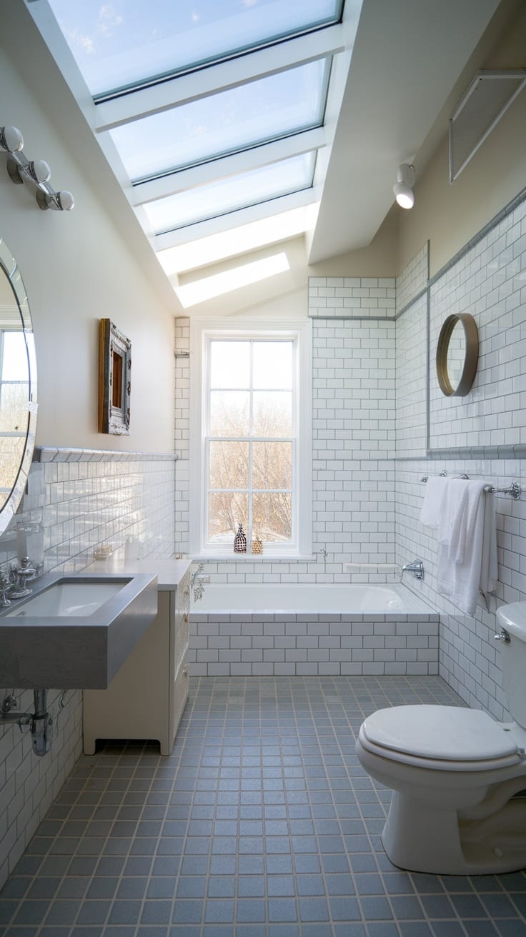 Modern bathroom with skylight, large window, and gray tiled floor