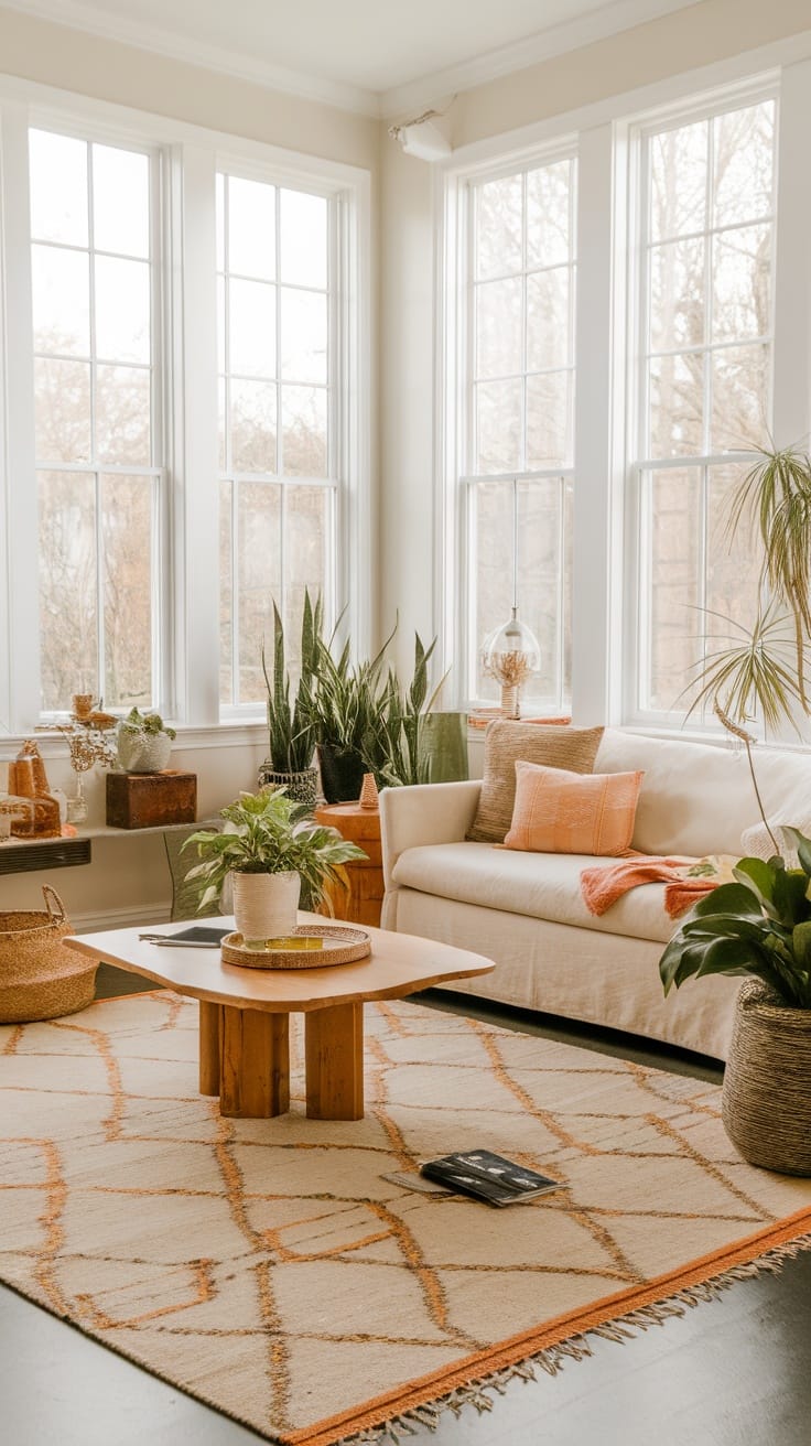 Bright and airy living room with large windows, neutral sofa, and plants, showcasing a natural and earthy aesthetic.